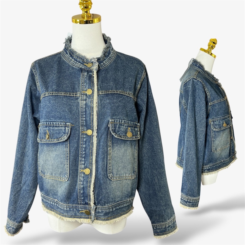 FMX Distressed Denim Jacket Frayed Collar Cuffs Hem Button Front Pockets